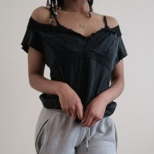BCBGMaxAzria Black Flowy Neck Silk Blouse